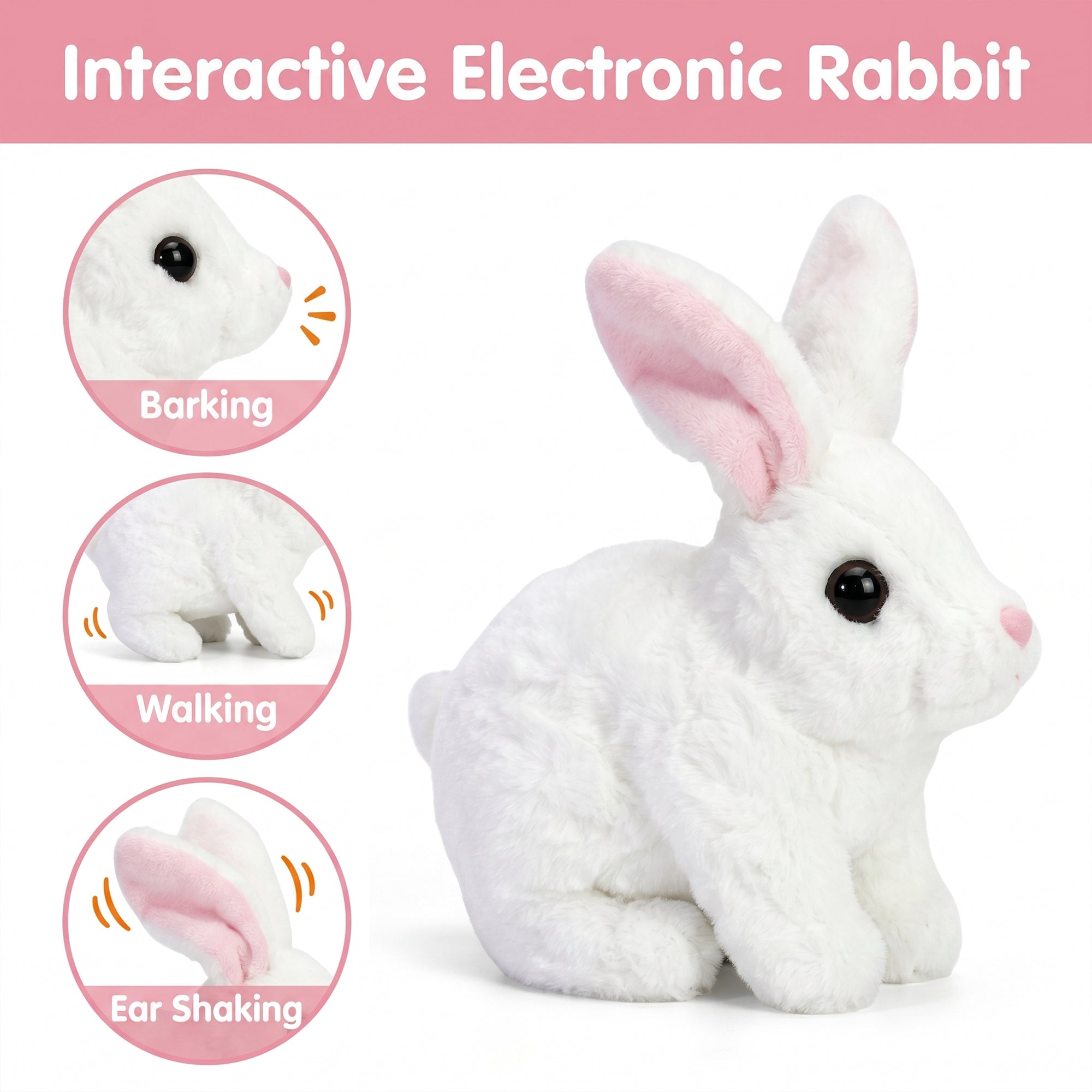Interactive electronic rabbit toy with features highlighted on a pink background