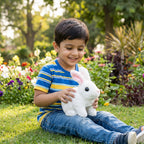 Child holding a plush rabbit in a garden with flowers and trees in the background