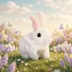 Plush rabbit toy in a field of flowers with butterflies and colorful eggs.