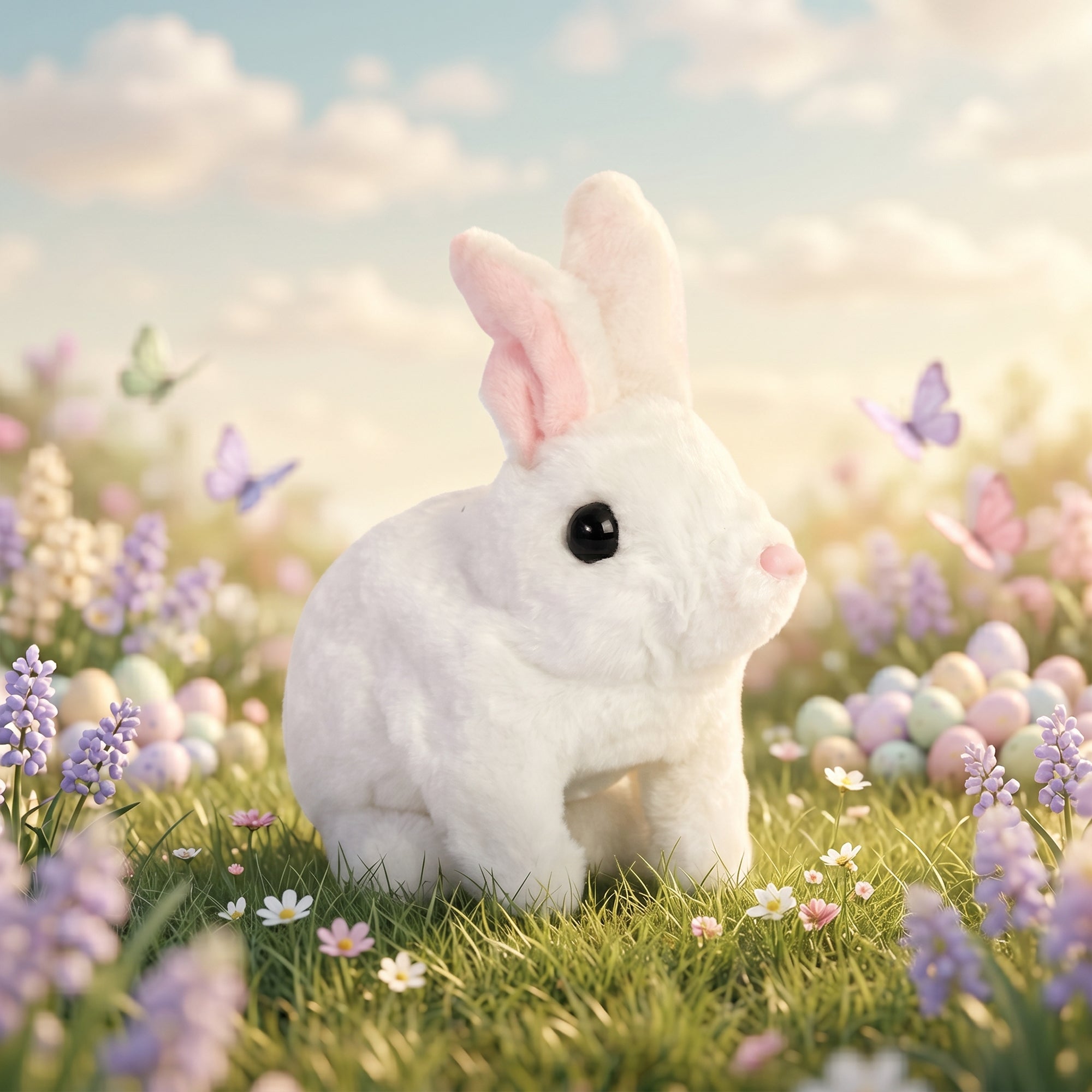 Plush rabbit toy in a field of flowers with butterflies and colorful eggs.